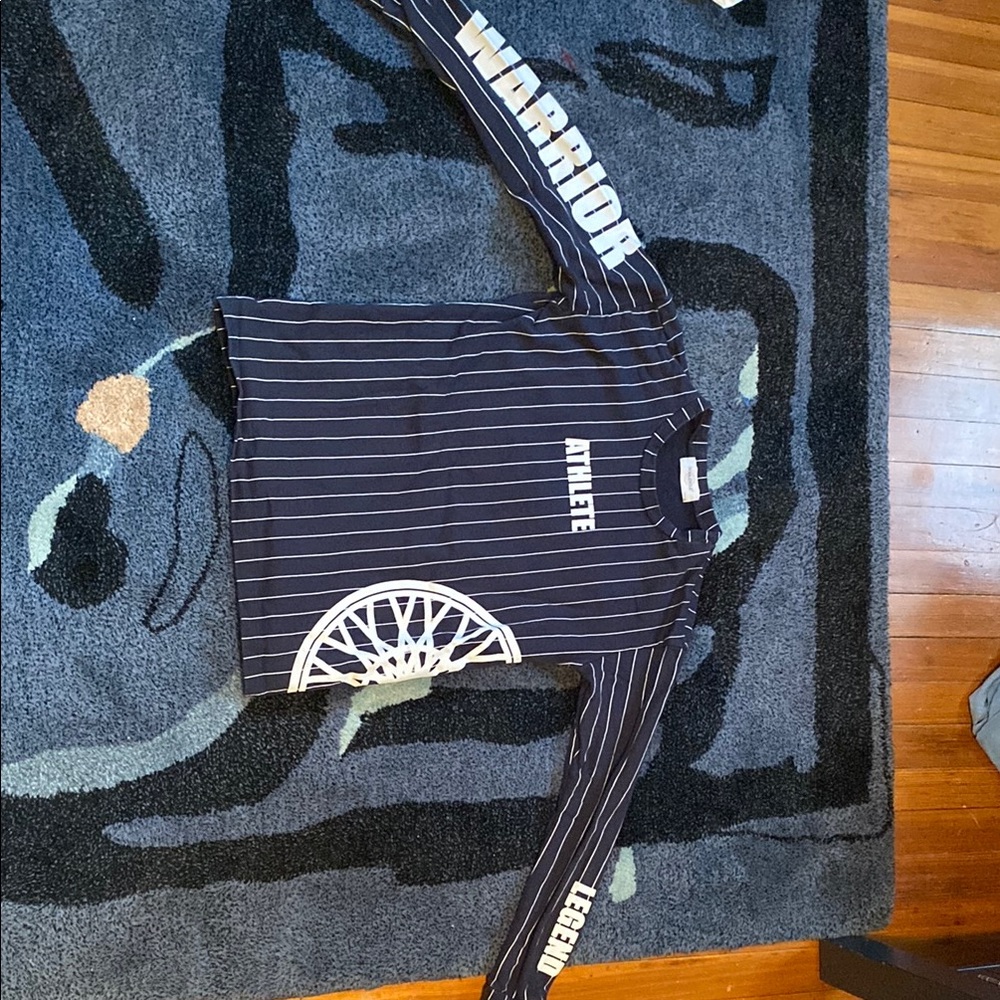 soulcycle Blue and White Long Sleeve Tee with Striped Design and Graphic Logo
